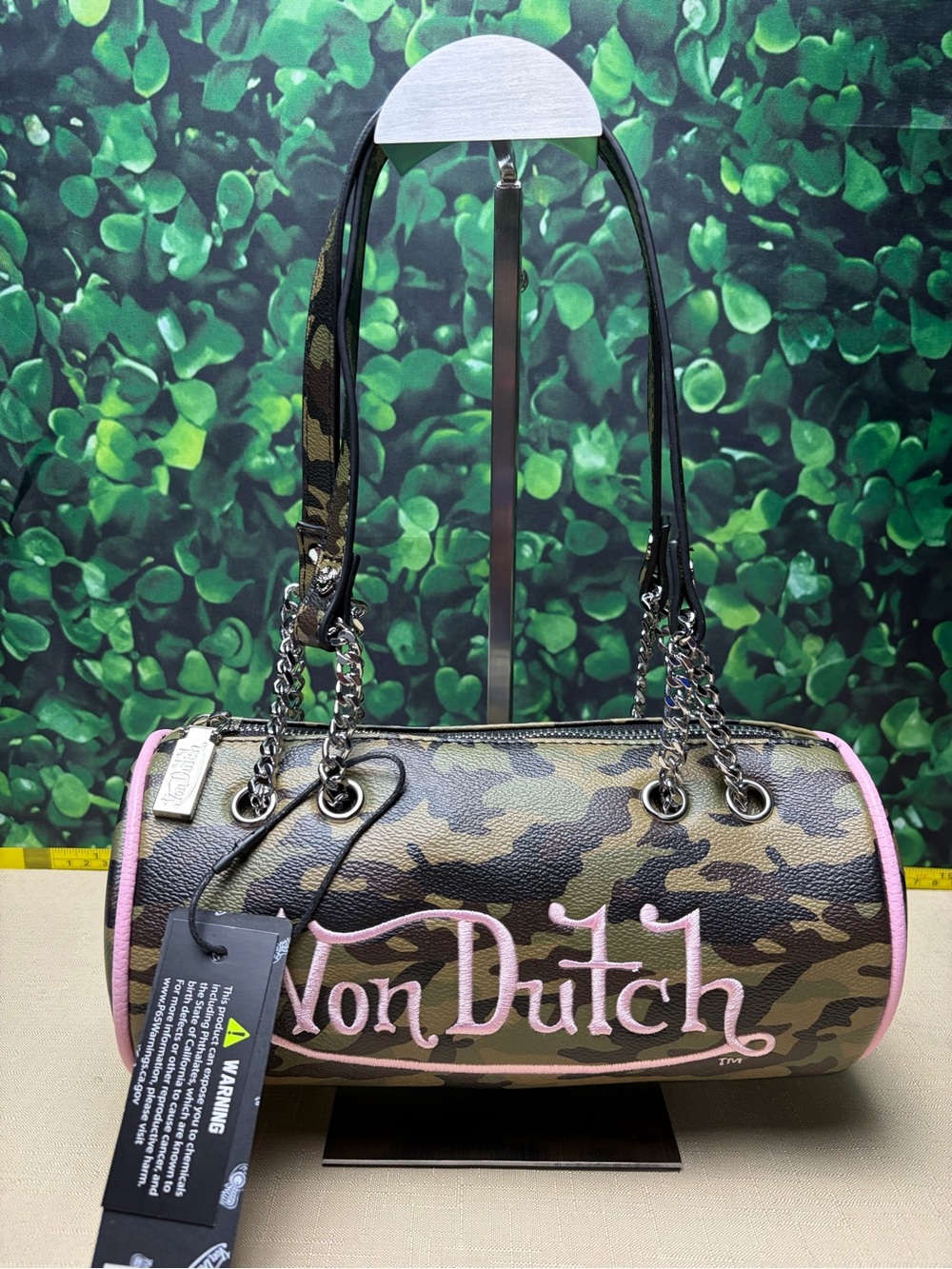 Von Dutch Camo Barrel Bag with Pink Trim